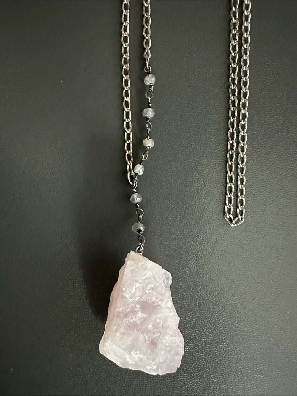 Rose Quartz Stone Pendant Necklace on Silver Toned Chain - 17" long